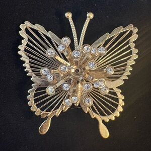 Vintage MONET Butterfly Brooch Gold Tone Clear Rhinestone Wire Wings 2" signed